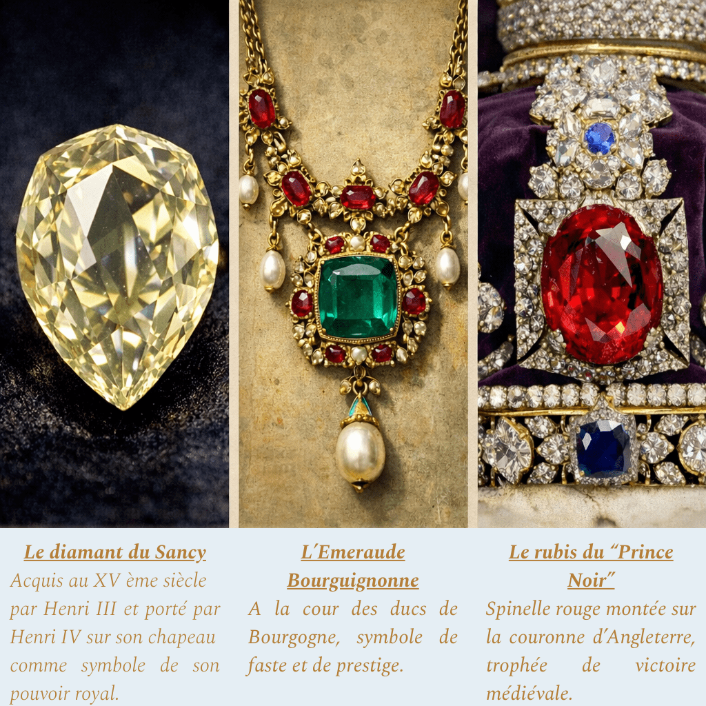 Présentation de bijoux et de trois pierres d'exception dont le Sancy